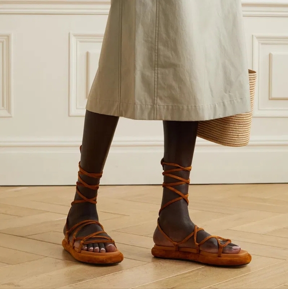 KHAITE Shoes - Khaite Alba Suede Ankle-Tie Gladiator Sandals